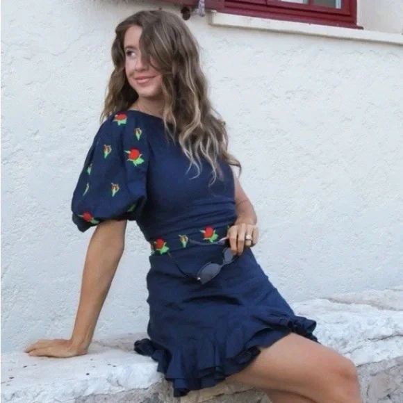 Fanm Mon 100% Linen Blue One-Shoulder Dress with Floral Embroidery